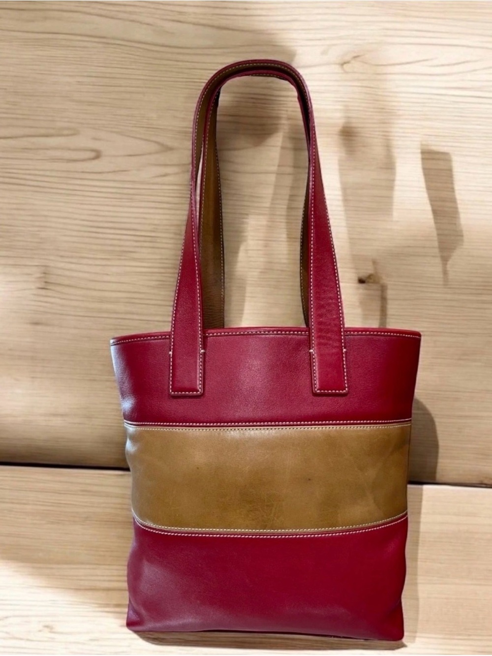 Vintage Coach Rugby Stripe Leather Tote Bag 9348 Red Cognac